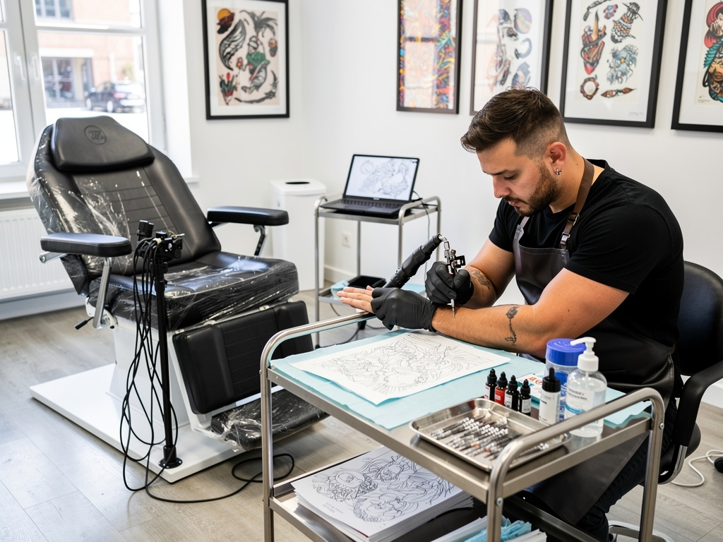 Tatuador profesional preparando equipo en estudio de tatuajes moderno con camilla, diseños e instrumentos esterilizados Tatuador profesional preparando equipo en estudio de tatuajes moderno con camilla, diseños e instrumentos esterilizados