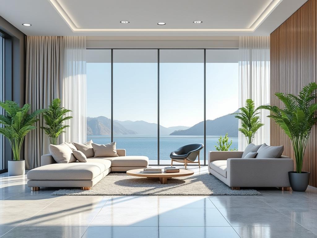 Sala de estar moderna con grandes ventanales, sofás beige, plantas decorativas y vista al mar.