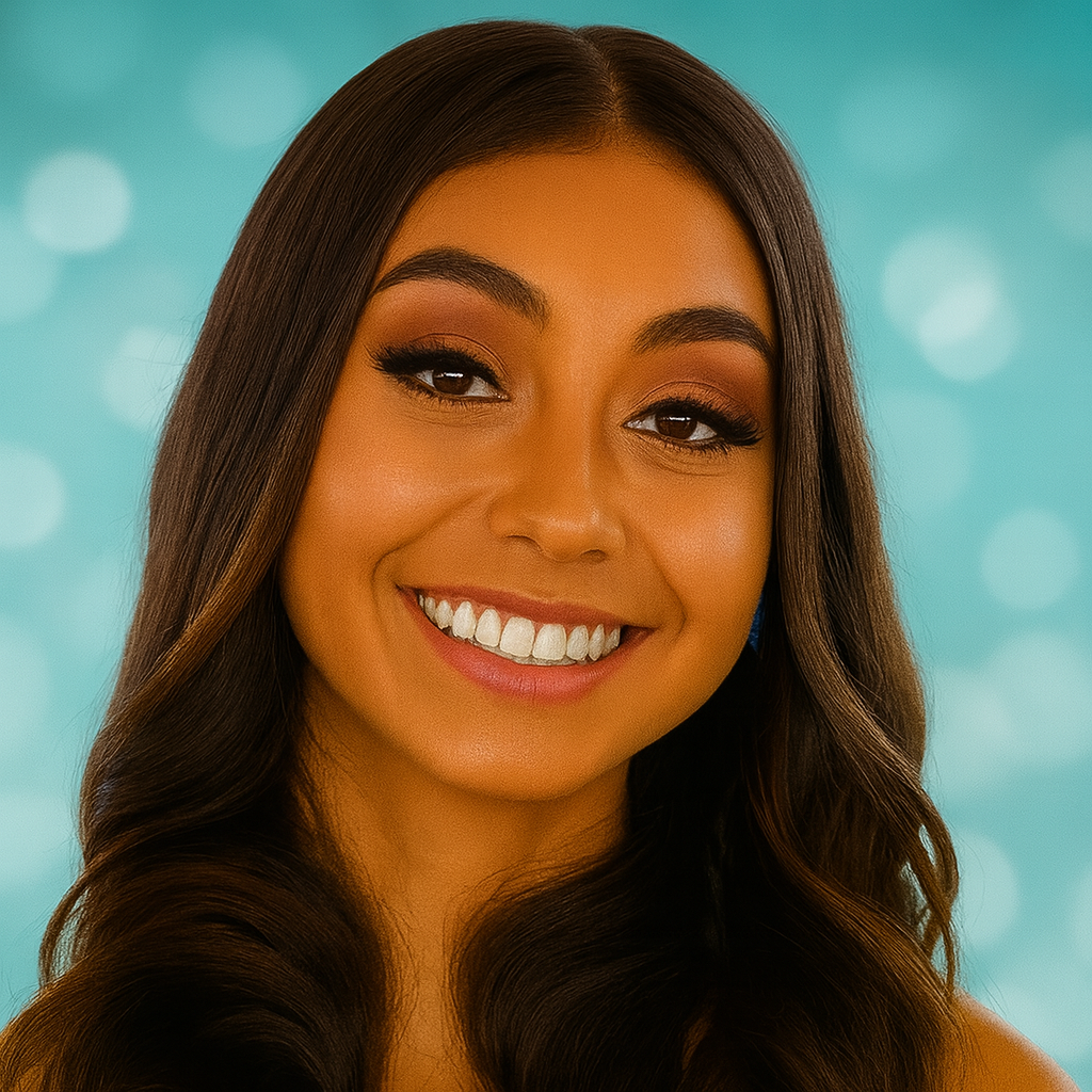 Retrato de una mujer sonriente con cabello largo castaño y fondo azul desenfocado.