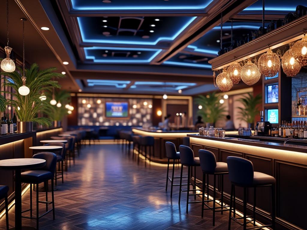 Moderno bar con iluminación azul, plantas decorativas y asientos de diseño elegante.