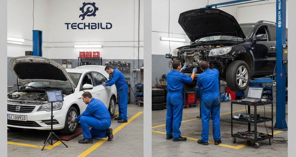 Automóvil blanco junto a cono de tráfico anaranjado en fondo negro. Automóvil blanco junto a cono de tráfico anaranjado en fondo negro.