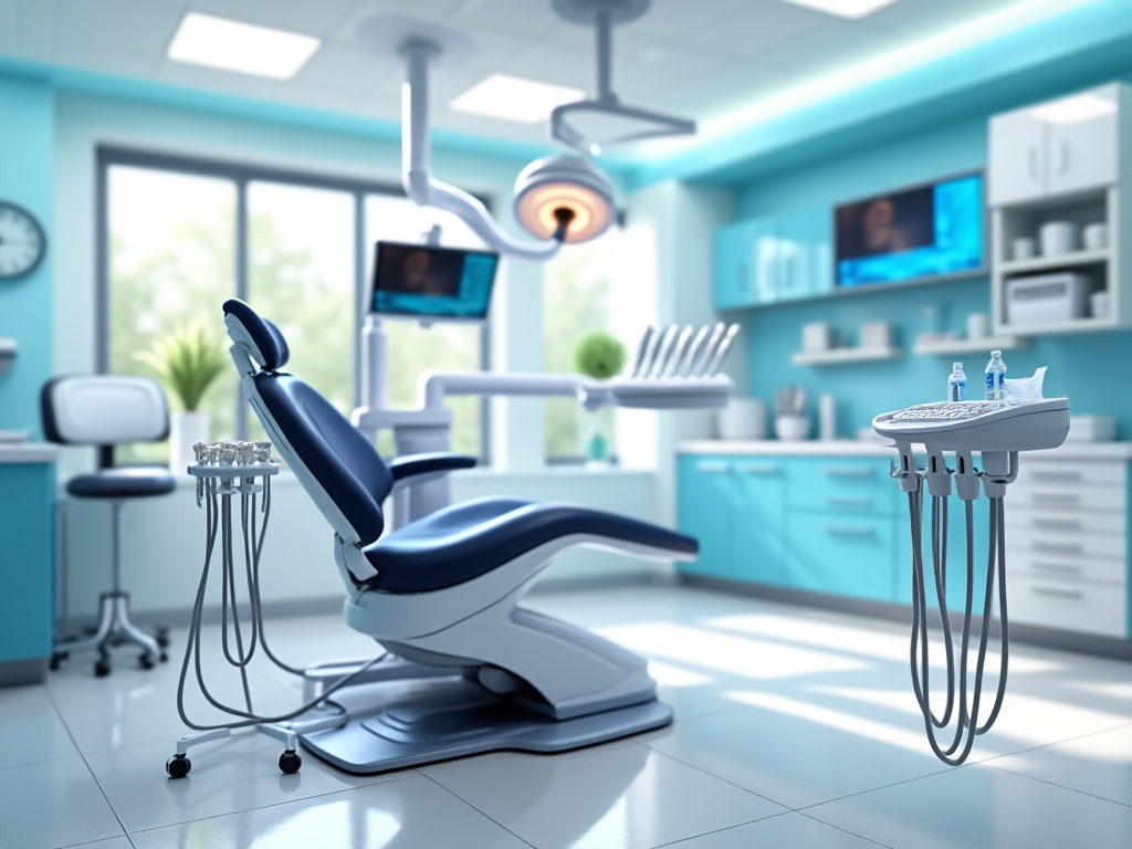 Moderno consultorio dental con silla odontológica y equipo médico.
