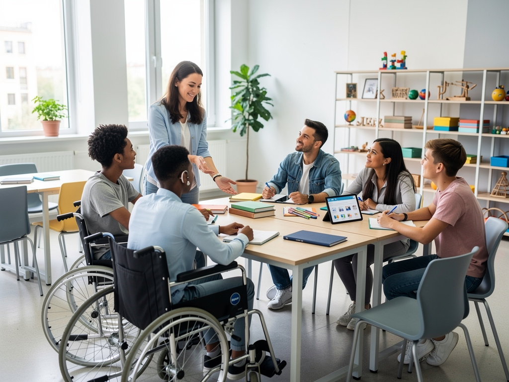 Aula inclusiva con profesora y estudiantes diversos, incluido alumno en silla de ruedas, trabajando en grupo