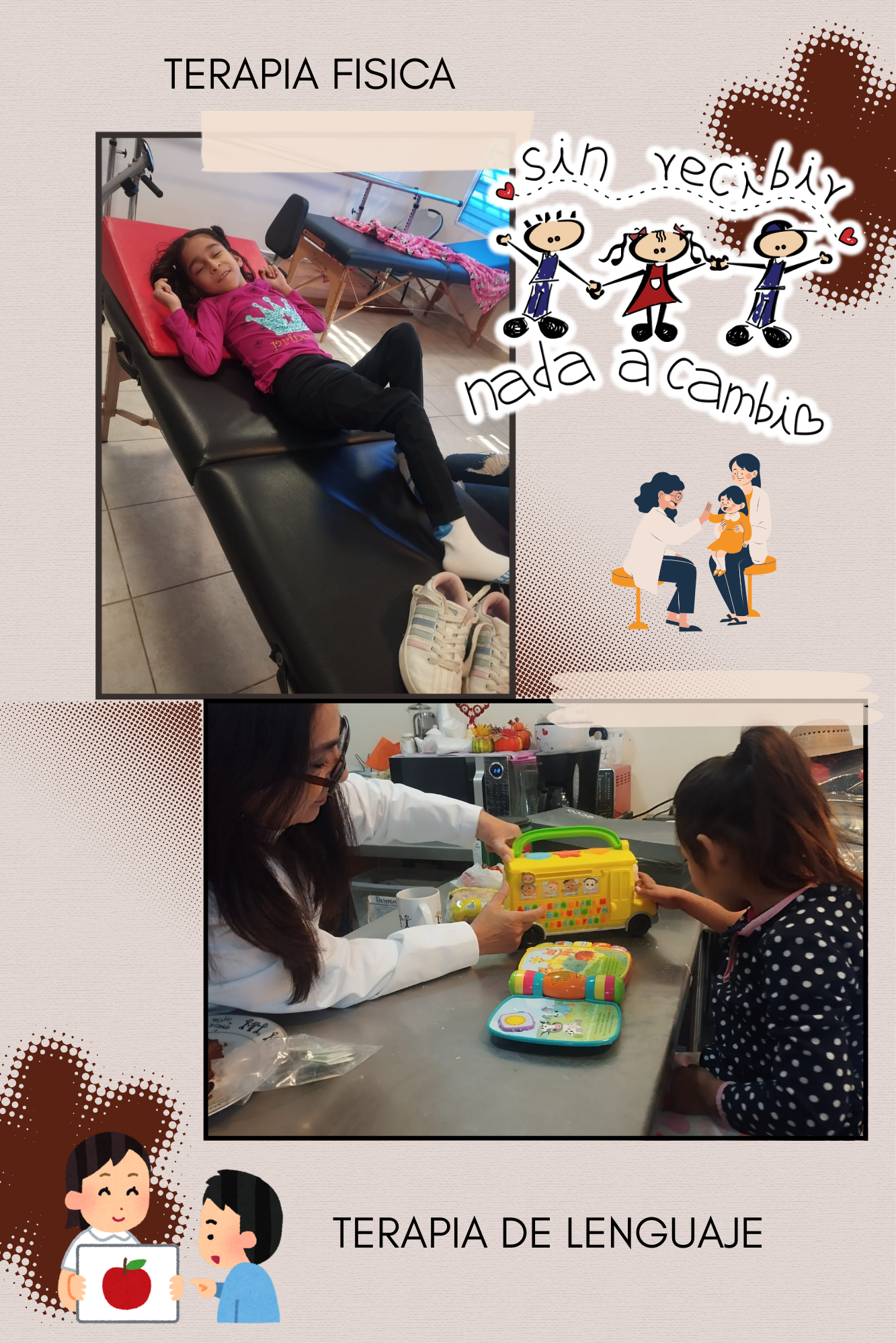 Collage de terapias con niña en fisioterapia y actividad de lenguaje con terapeuta.