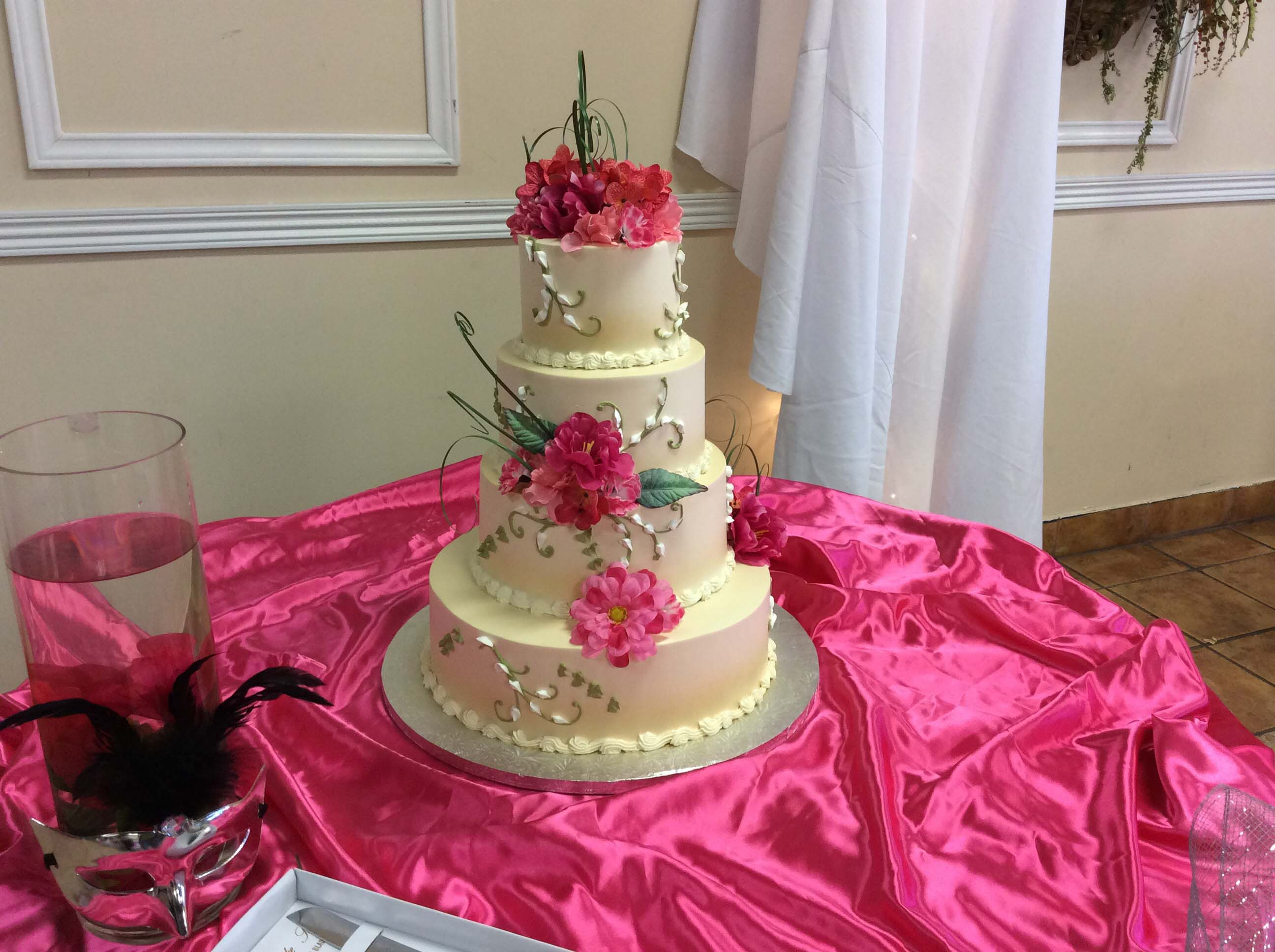 Three-Tier Cake With Pink Flowers