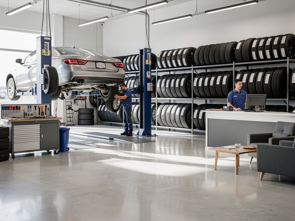 Taller mecánico moderno con coche elevado, técnicos trabajando y estanterías llenas de neumáticos
