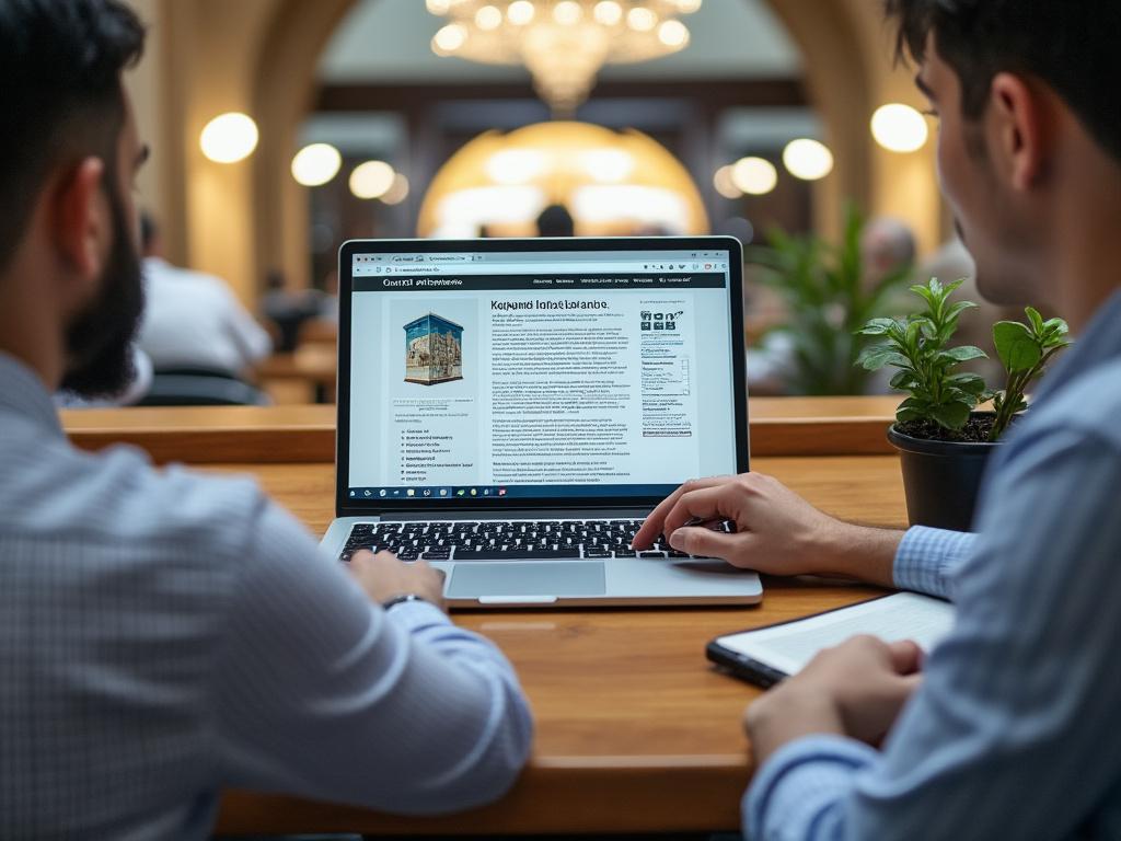 Two men in a study area viewing historical architecture content on a laptop with notebooks and plants on the table.