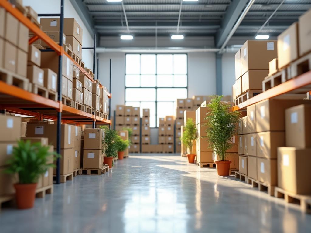 Interior de un almacén con estantes llenos de cajas de cartón y plantas en macetas.