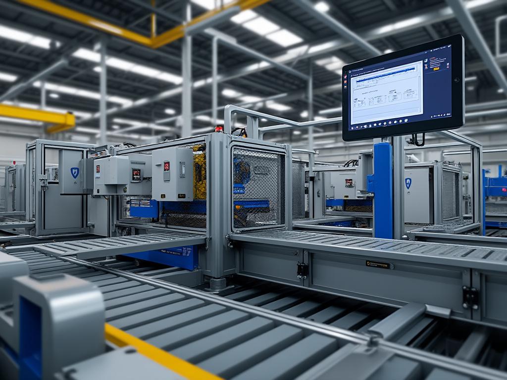 Automated industrial assembly line with metal machinery and control monitor in a modern factory setting. Automated industrial assembly line with metal machinery and control monitor in a modern factory setting.