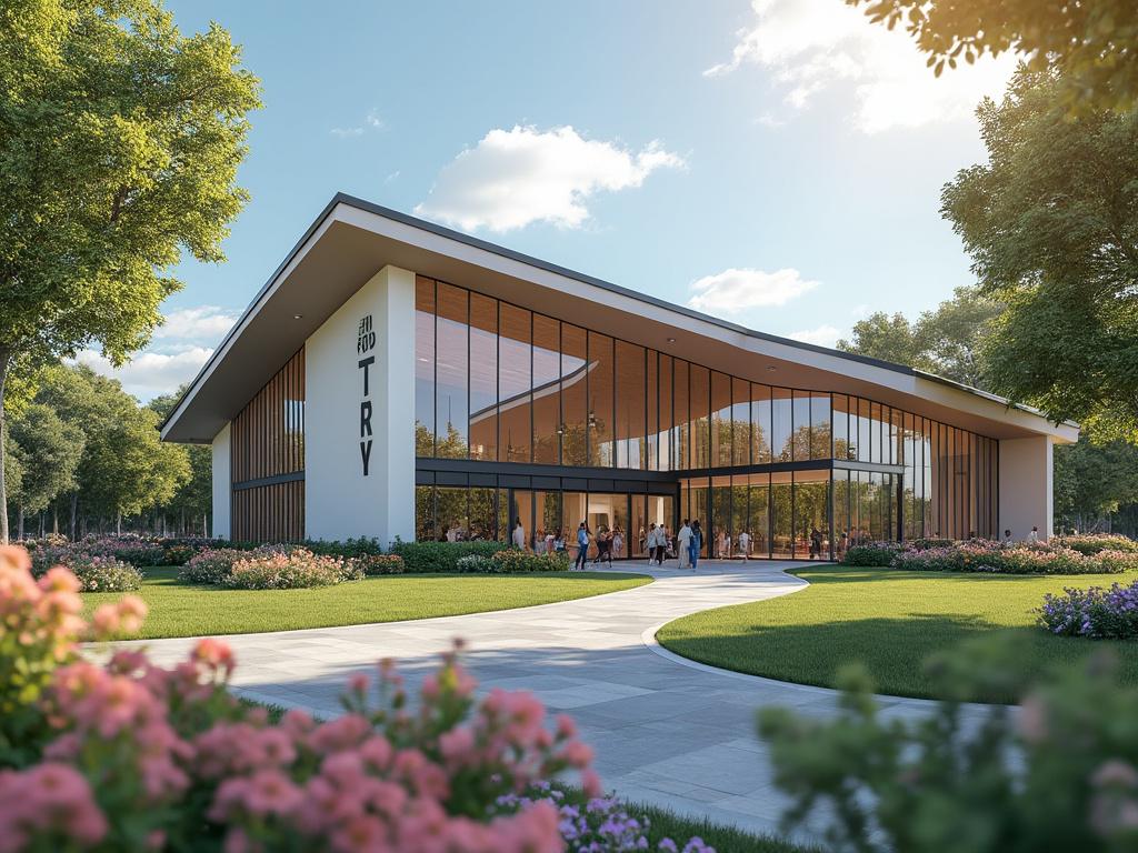 Edificio moderno con grandes ventanales y techado inclinado rodeado de jardines floridos y árboles, con personas entrando al lugar.