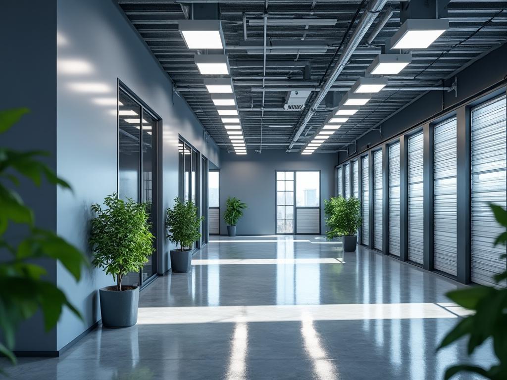 Pasillo moderno de oficina con plantas en macetas, iluminación industrial y suelo de cemento pulido.