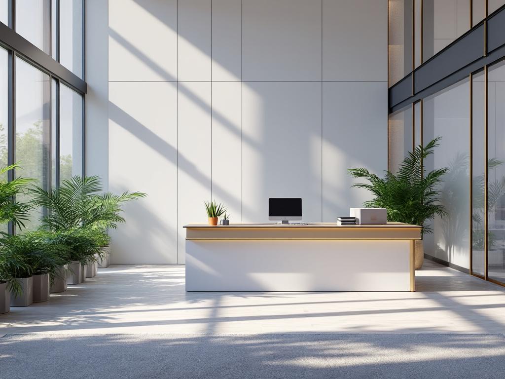 Oficina moderna con escritorio minimalista, ordenador y plantas verdes junto a ventanas grandes.