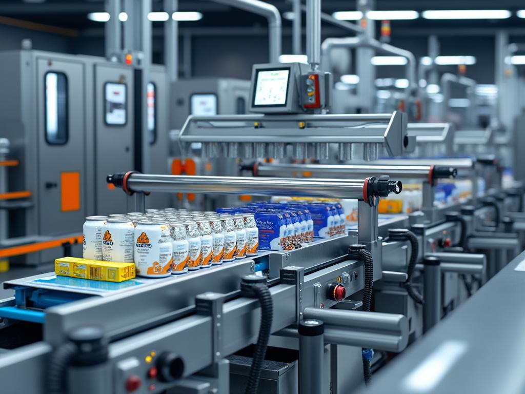 Línea de producción automatizada en una fábrica de bebidas, con latas y cajas moviéndose en cintas transportadoras. Línea de producción automatizada en una fábrica de bebidas, con latas y cajas moviéndose en cintas transportadoras.