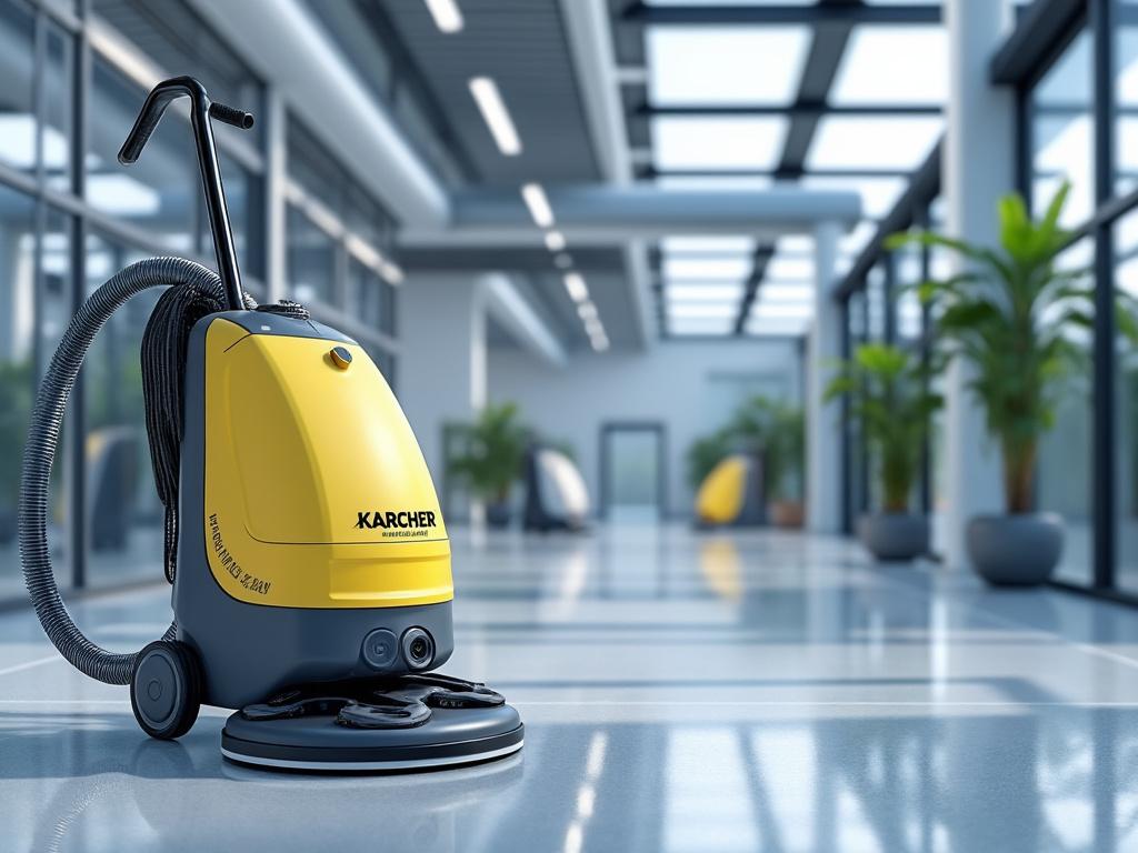 Aspiradora amarilla Karcher en un amplio y luminoso pasillo con grandes ventanales y plantas decorativas.