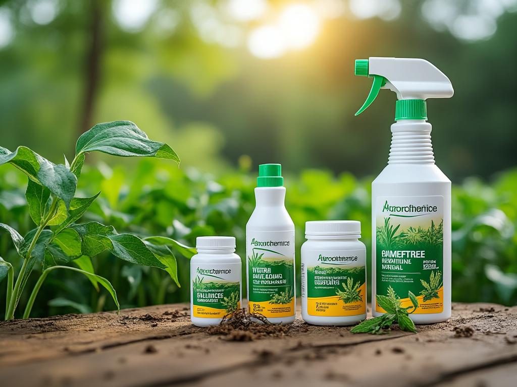 Conjunto de productos de jardinería naturales sobre mesa de madera con fondo de vegetación exuberante y atardecer.