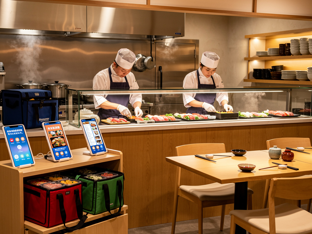 Chefs preparando sushi fresco en cocina abierta de restaurante japonés con mostrador, mesas y pantallas de pedidos online