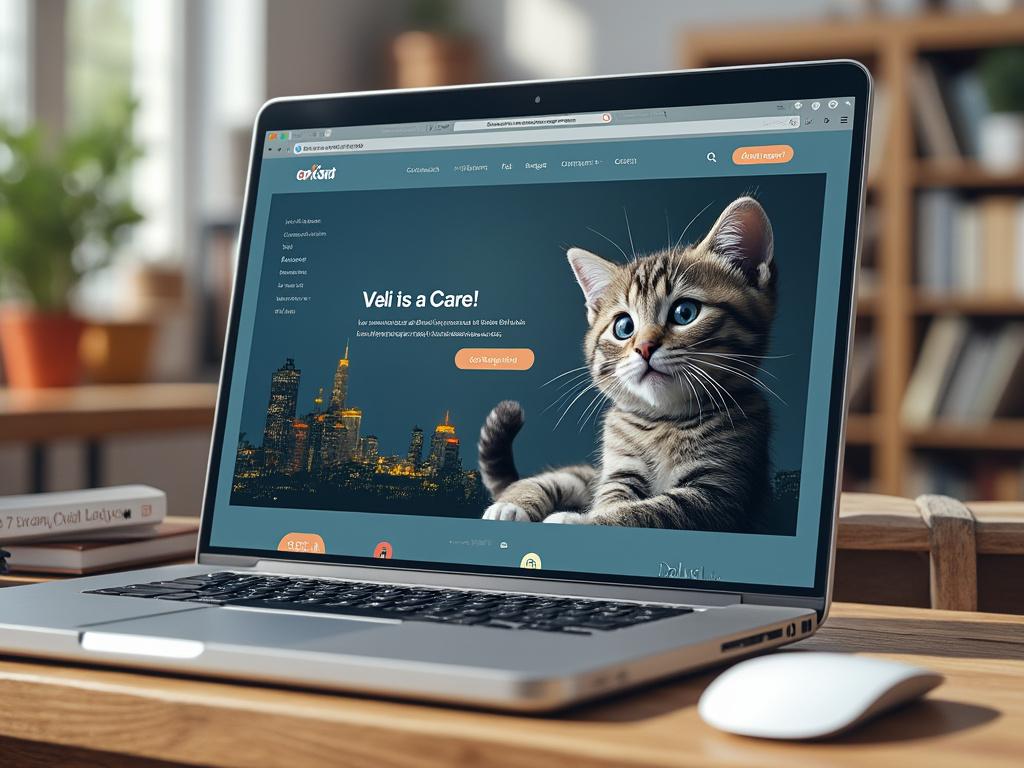 Laptop displaying a website with a cat image, placed on a wooden desk with bookshelf in the background. Laptop displaying a website with a cat image, placed on a wooden desk with bookshelf in the background.