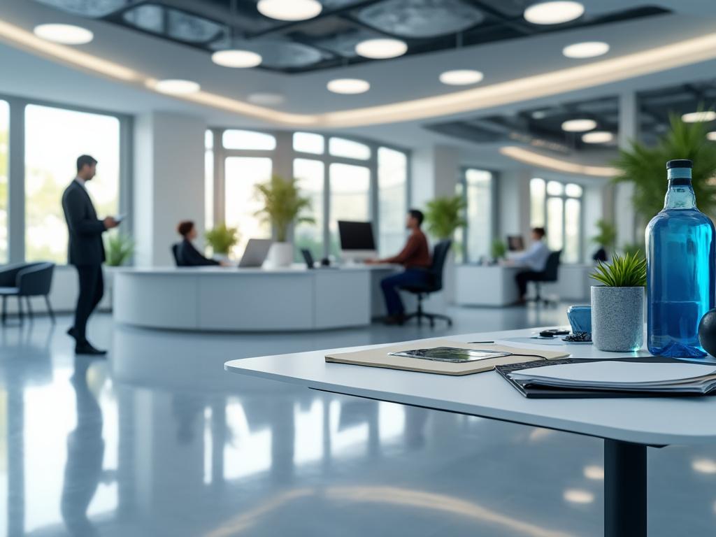 Oficina moderna y luminosa con personas trabajando en escritorios, plantas decorativas y una botella de agua en una mesa cercana.