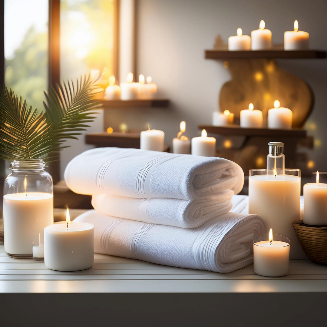 Moderno interior de spa con mesa de masaje, estantes iluminados con productos y decoración elegante, flores frescas y plantas en maceta.