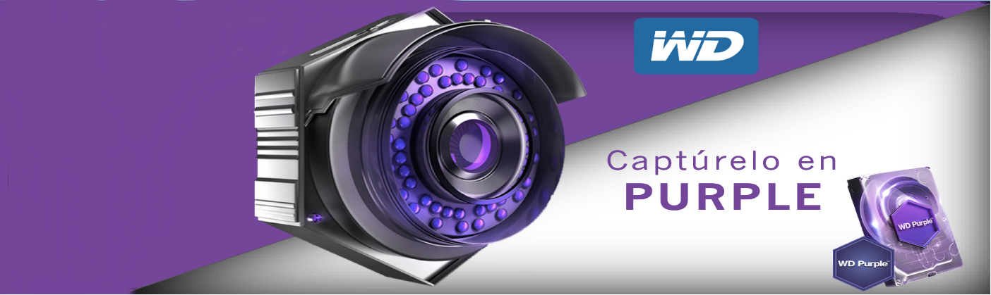 Cámara de vigilancia en tonos púrpura con logo de WD y disco duro WD Purple.
