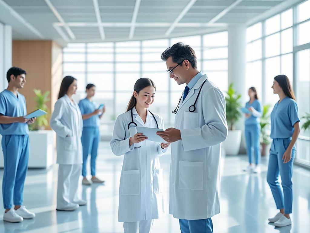Médicos conversando en un hospital moderno y luminoso, rodeados de colegas con uniformes azules.