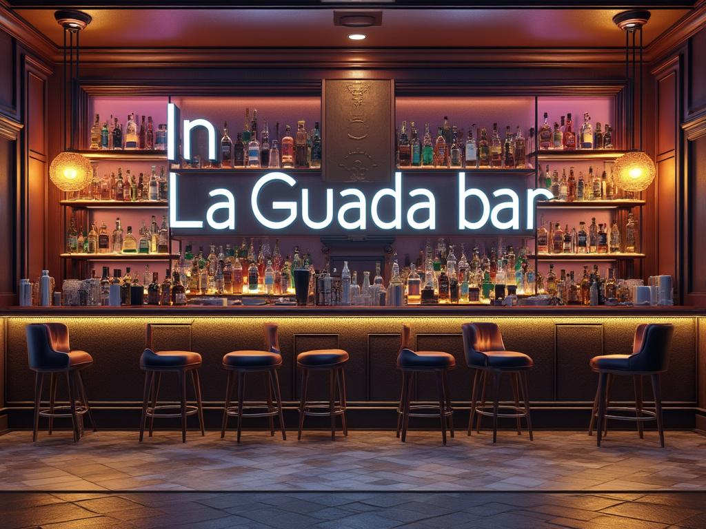 Interior de un bar elegante con barra iluminada, botellas en estanterías, y sillas altas, con letrero que dice 'La Guada bar'.
