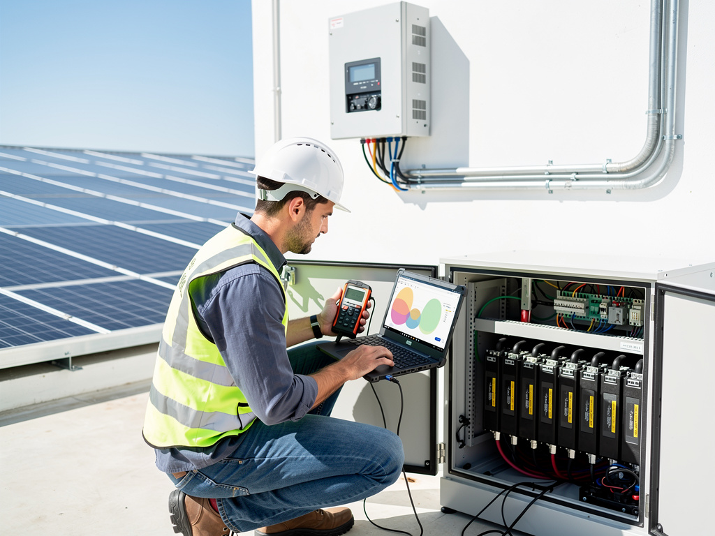 Solar technician testing photovoltaic panel system with laptop and electrical control cabinet on rooftop
