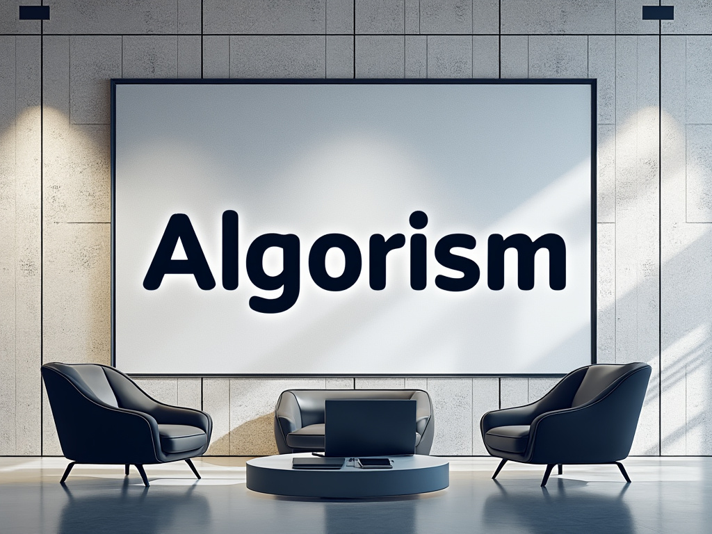 Modern conference room with two black chairs, a low table, and a large screen displaying 'Algorism'.
