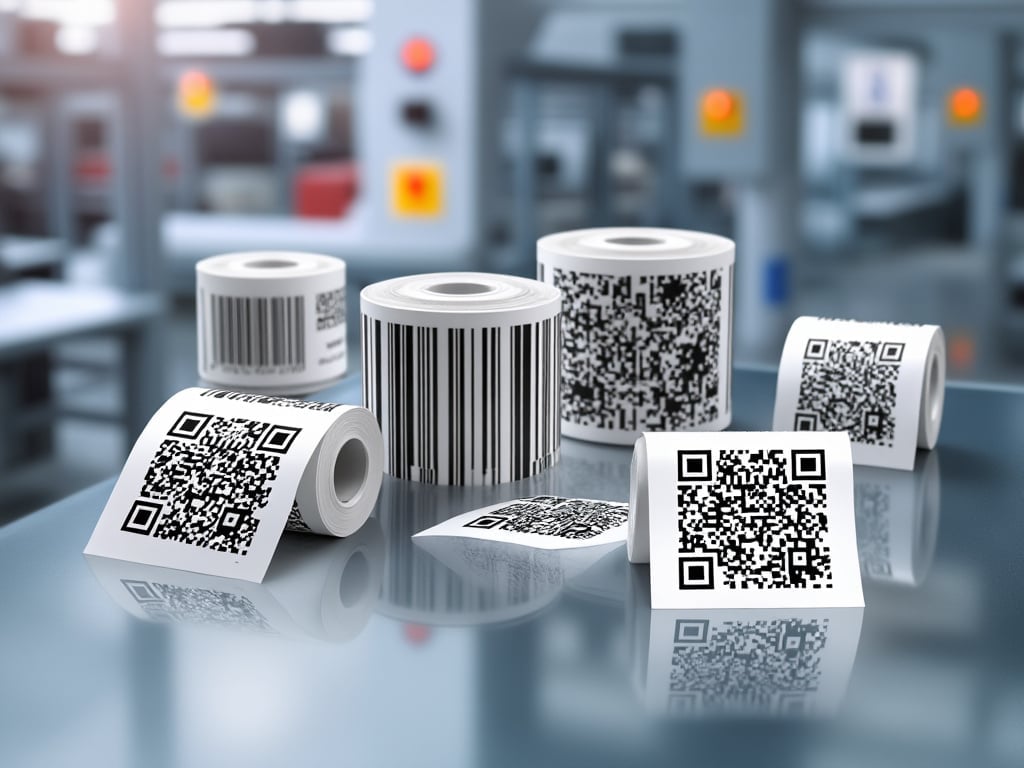 Variety of QR code and barcode label rolls on a reflective surface in a print shop.