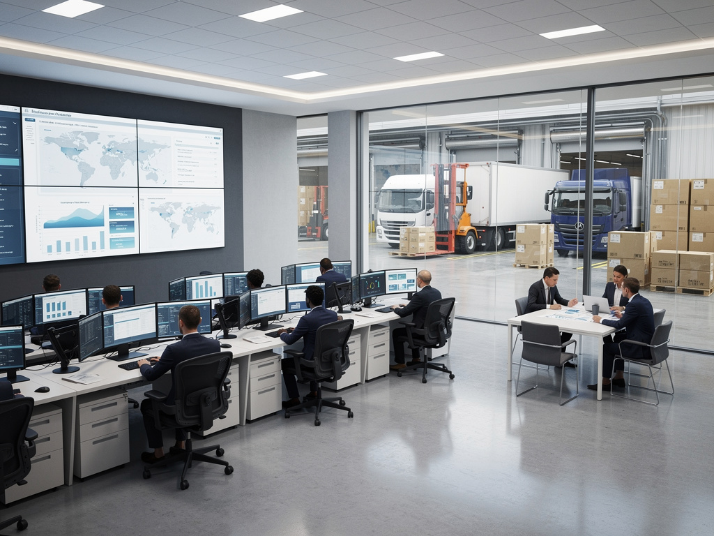 Centro de control logístico moderno con operadores, pantallas de datos, camiones de carga y almacén automatizado Centro de control logístico moderno con operadores, pantallas de datos, camiones de carga y almacén automatizado