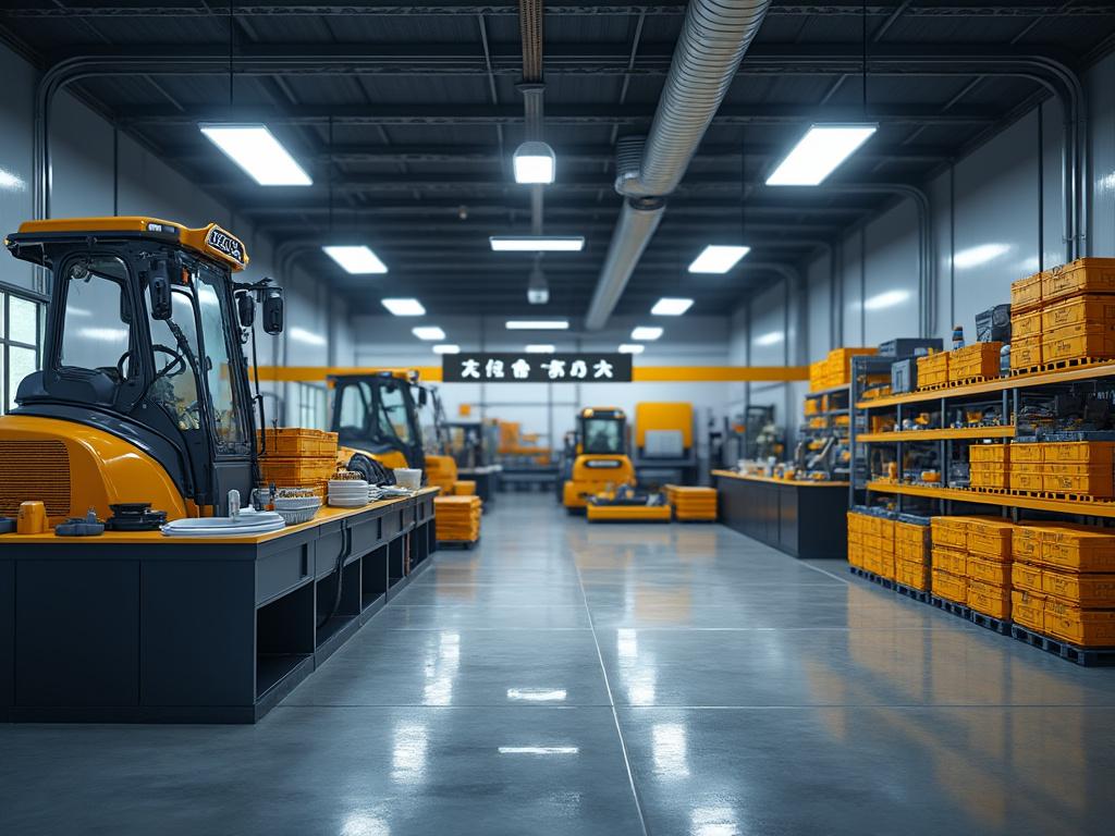 Interior de un taller industrial con maquinaria pesada y estantes llenos de cajas amarillas.