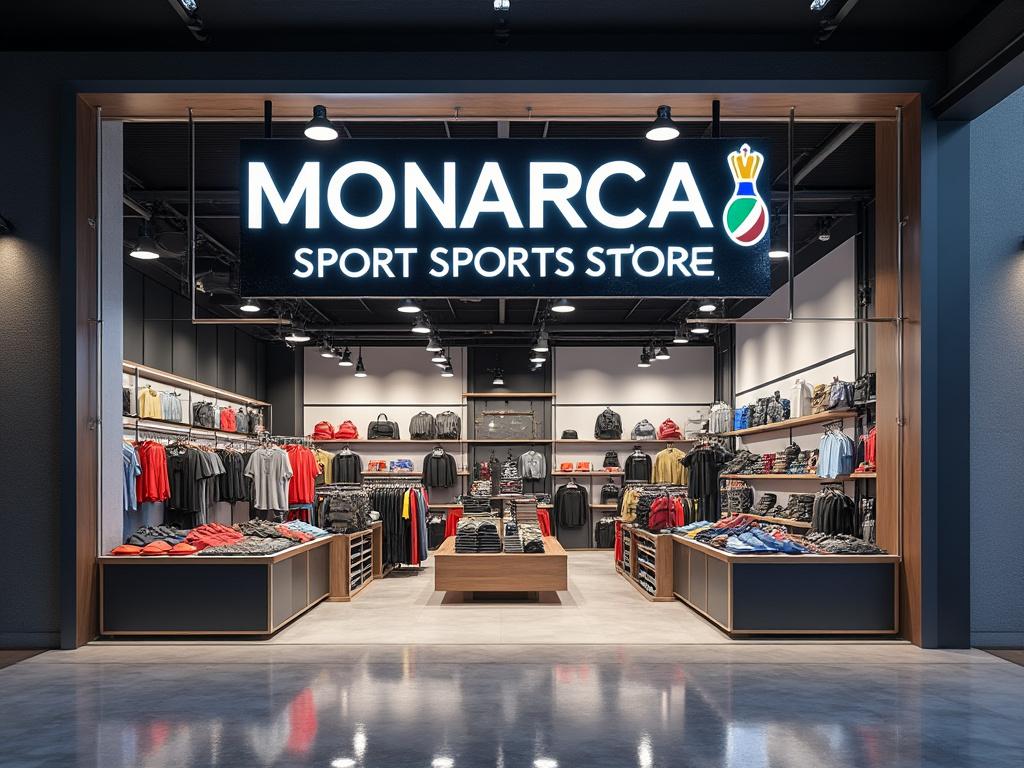 Tienda de deportes Monarca con ropa y mochilas expuestas, iluminación interior moderna.