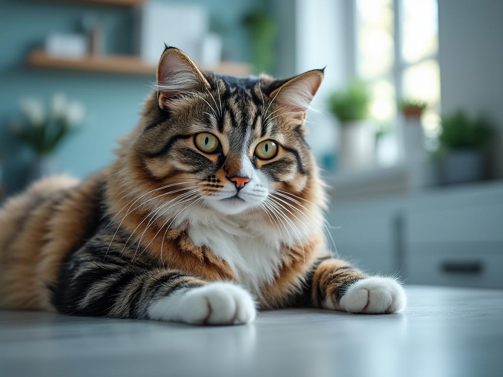 Gato atigrado de pelo largo relaja sobre una mesa en un entorno doméstico iluminado.