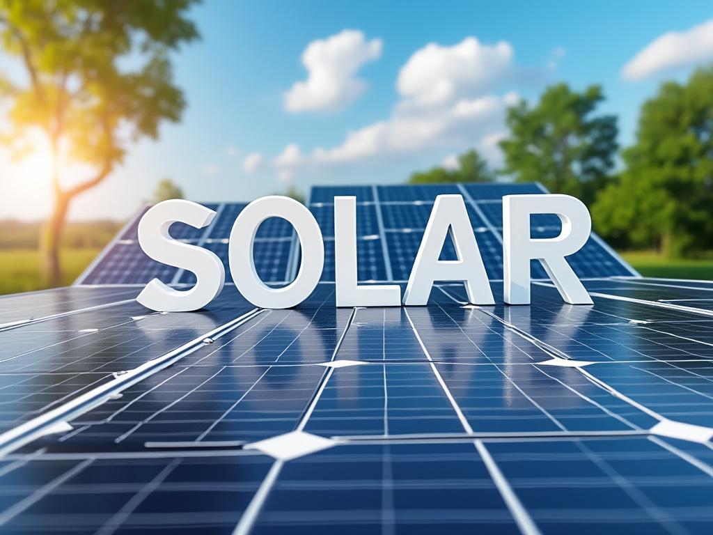 Paneles solares en un campo con la palabra SOLAR en letras grandes, cielo azul y árboles al fondo.