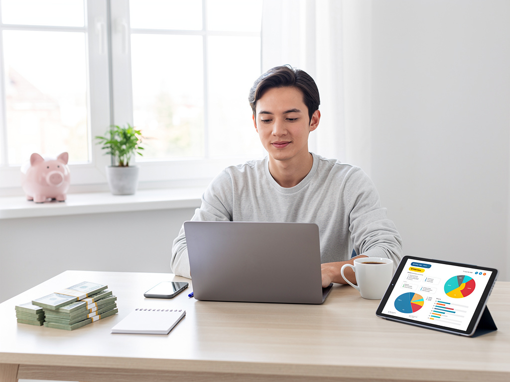 Young man managing personal finances on laptop with cash, piggy bank, and financial charts on tablet
