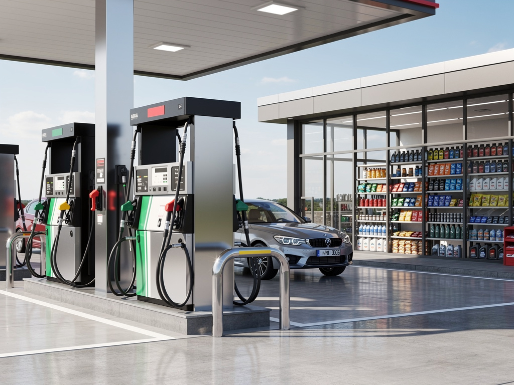 Gasolinera moderna con surtidores de combustible, coche junto a tienda de conveniencia y estanterías de productos visibles