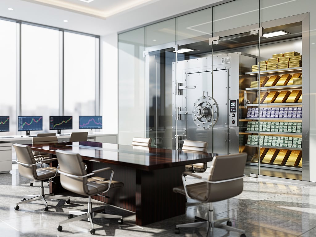 Luxury bank conference room with glass vault displaying gold bars and cash beside trading monitors