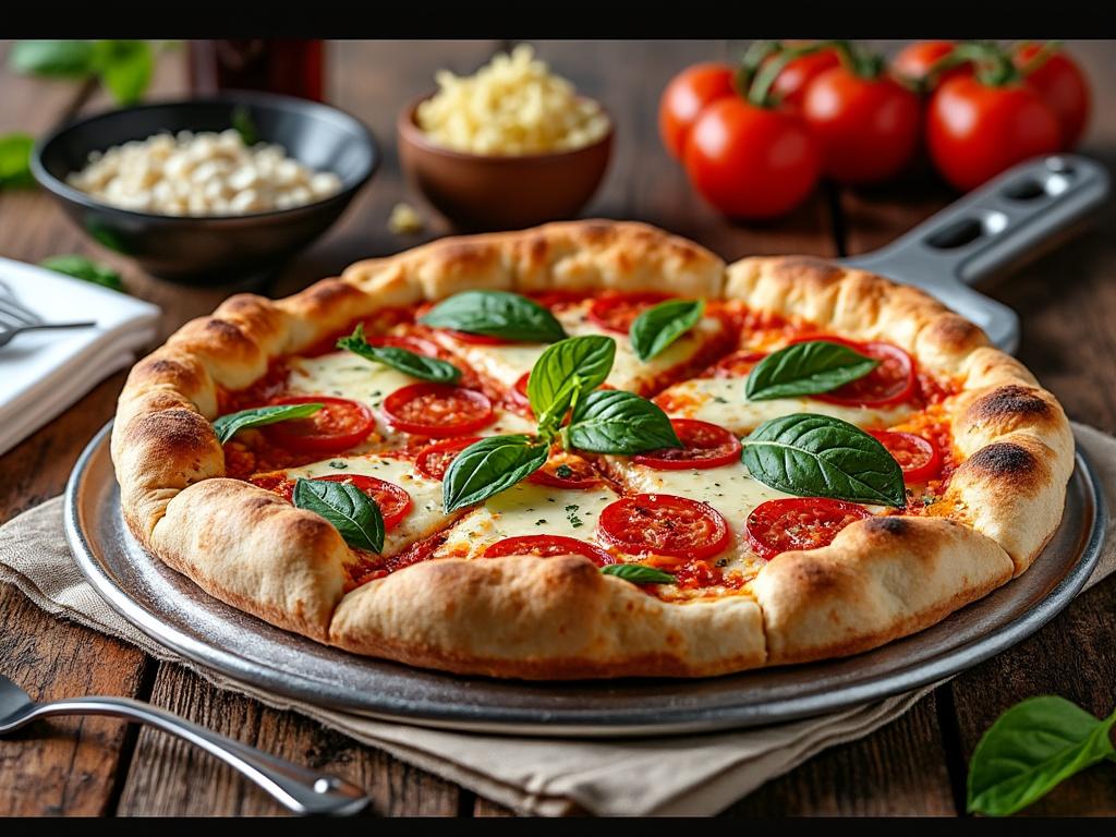 Pizza margherita con rodajas de tomate fresco y hojas de albahaca sobre una mesa de madera.