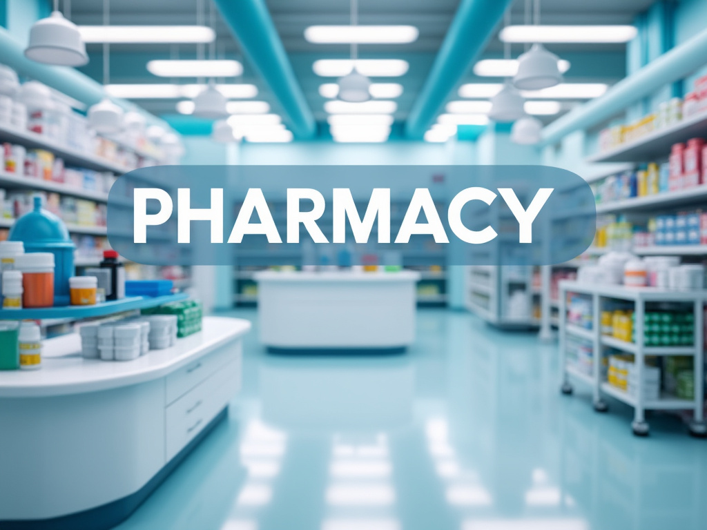 Interior de una farmacia moderna con estanterías llenas de medicamentos y productos médicos, bajo una iluminación brillante.