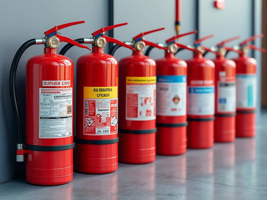 Varios extintores rojos alineados contra una pared en un entorno interior.