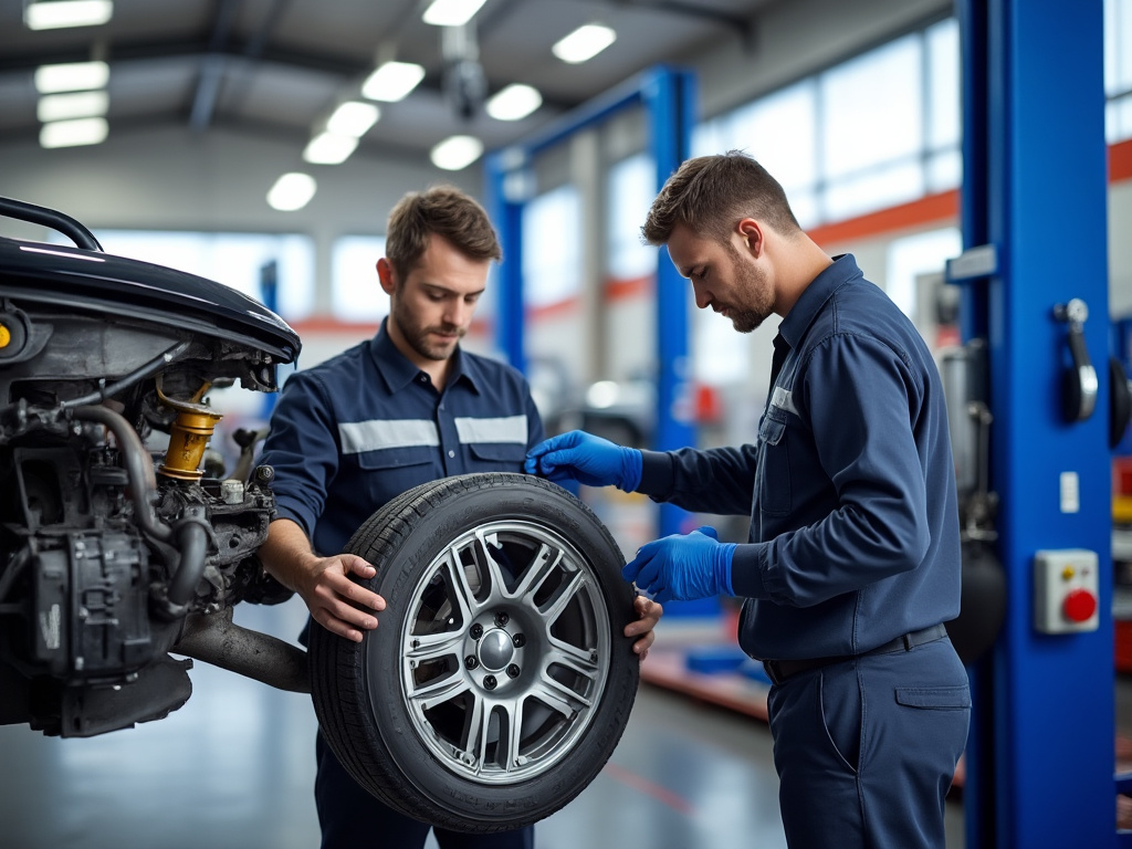 Dos mecánicos inspeccionando una rueda de automóvil en un taller bien iluminado.
