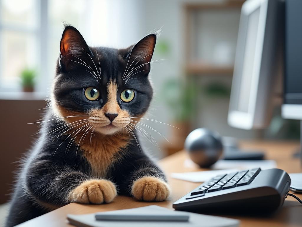 Cute black and orange cat sitting at a desk with a computer and keyboard, looking inquisitively.