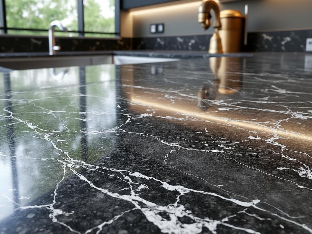 Encimera de cocina de mármol negro con vetas blancas, grifo dorado y ventana con vista al exterior.