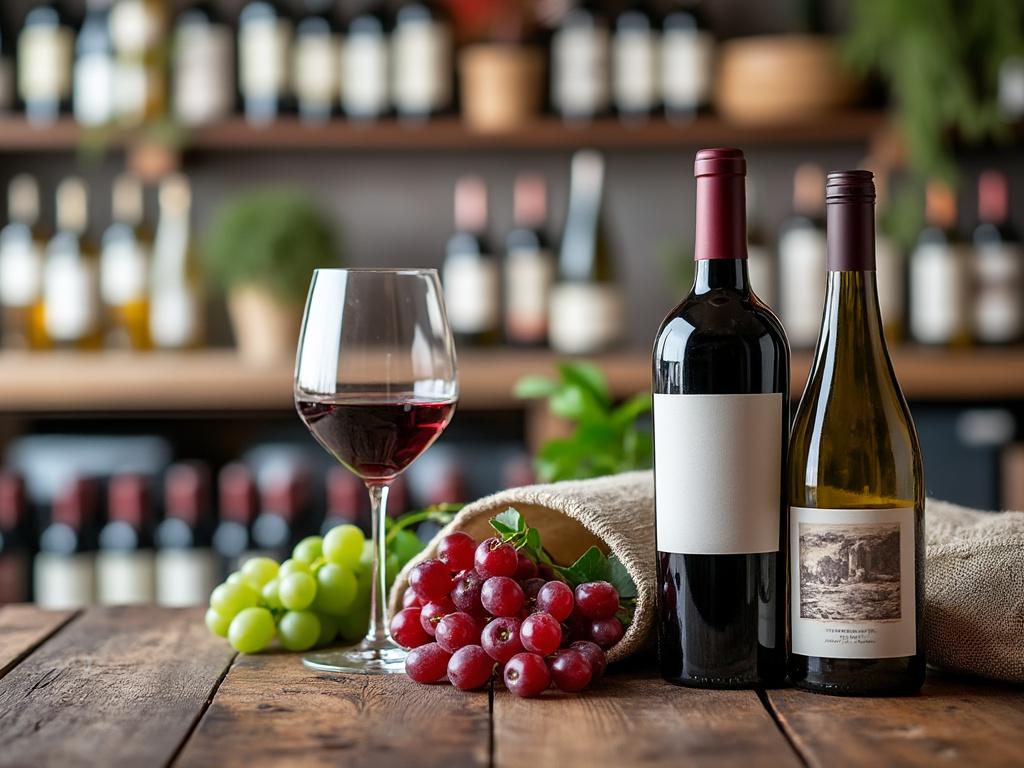 Botellas de vino tinto y blanco junto a una copa de vino y racimos de uvas, en un fondo de estantería de vinos. Botellas de vino tinto y blanco junto a una copa de vino y racimos de uvas, en un fondo de estantería de vinos.