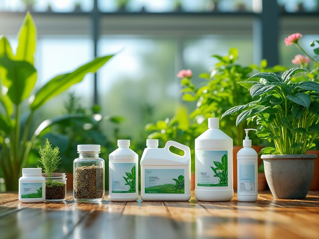 Productos de jardinería y fertilizantes orgánicos en envases variados sobre una mesa de madera, rodeados de plantas verdes en un invernadero luminoso.