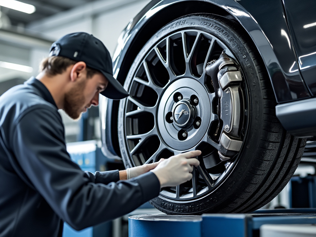 Mecánico revisando la rueda de un automóvil en un taller.