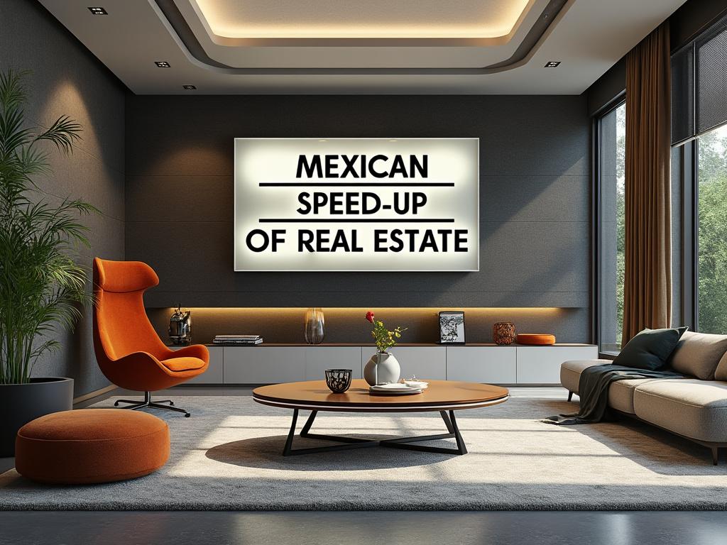 Sala moderna con sillón naranja, mesa de centro redonda y cuadro que dice 'Mexican Speed-Up of Real Estate' en pared oscura.