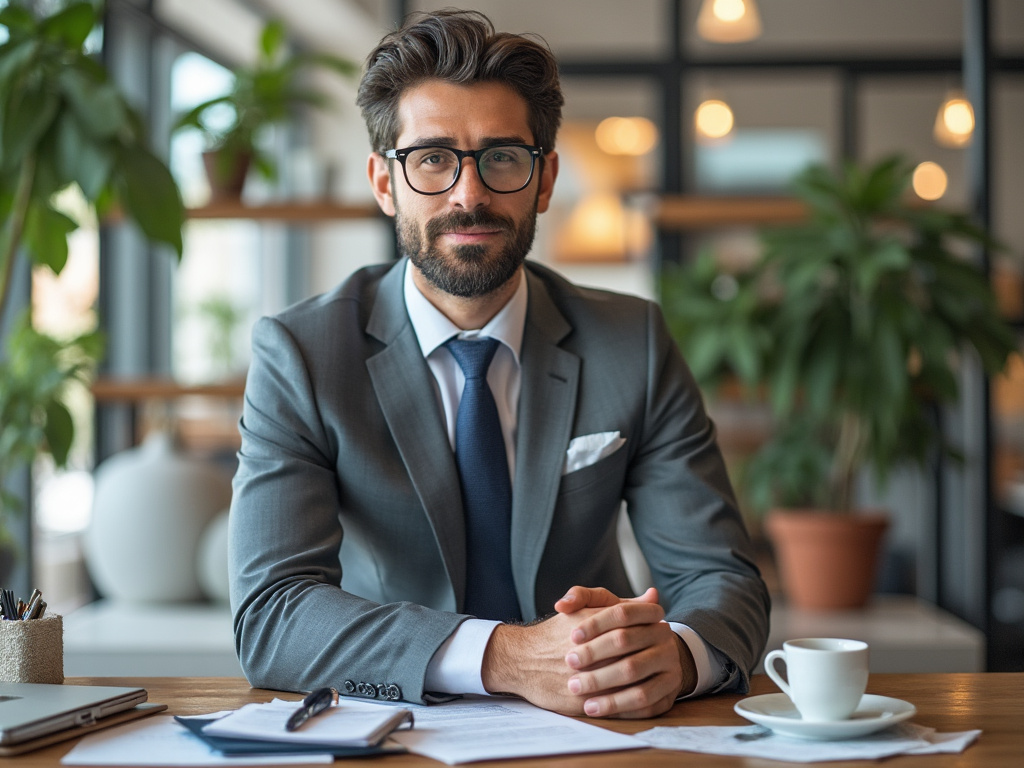 Hombre con barba y gafas, vestido de traje gris, sentado en una oficina moderna con plantas y luz cálida.