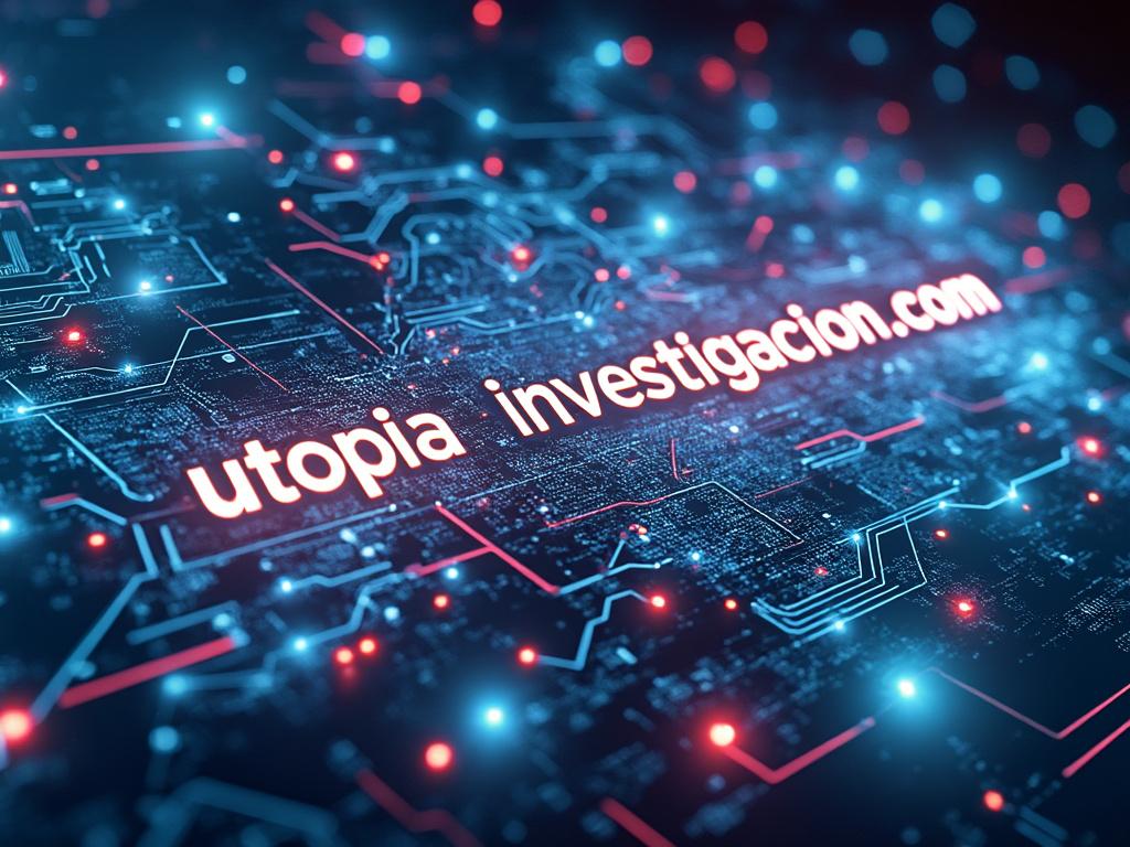 Imagen de fondo digital futurista con el texto 'utopia investigacion.com' iluminado en azul.