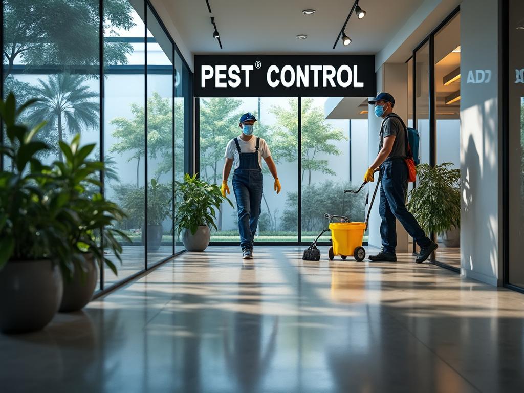 Dos trabajadores de control de plagas en un pasillo con plantas, usando equipo de protección y herramientas de limpieza.